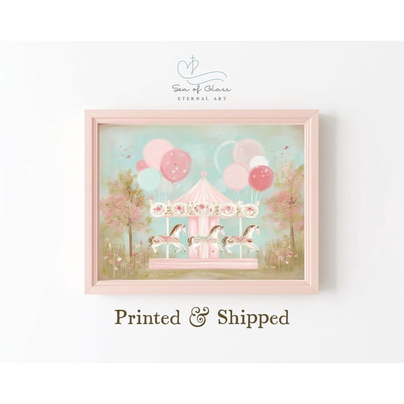 Pastel Carousel Wall Art Whimsical Nursery Print With Horses and Balloons Cottagecore Room Decor, Unframed Paper Print