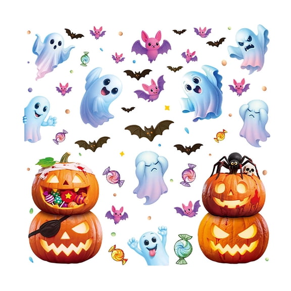 Pastel Cartoon Floating Ghost Halloween Static Decal Set, Jack-O-Lantern Witch Ghost Static Adsorption Window Stickers Indoor Fall Holiday Kids Decor Supplies