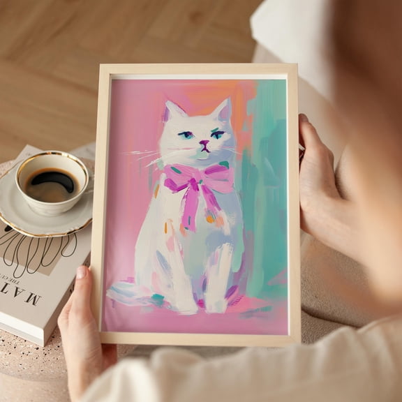 Pastel Cat Art Print Whimsical Pink Bow Illustration Home Decor Office Wall Art Home Decor Office Wall Art