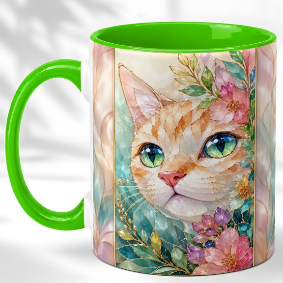 Pastel Cat Coffee Mug, Flower Cat Mug, Ceramic 11 oz