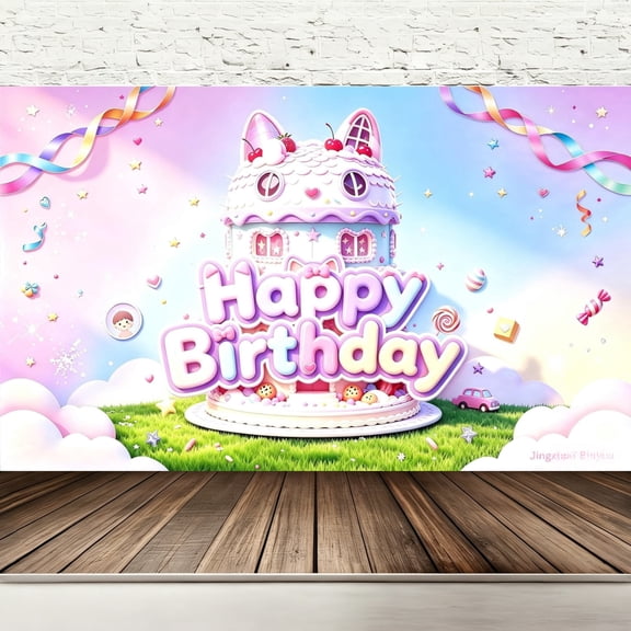 Pastel Cat Ear Doll Cake House Birthday Backdrop 71x43in, Pink Purple Candy Fairy Tale Photo Banner, Hemmed Edges & Metal Grommets, Hanging Rope for Little Girls Birthday Supplies