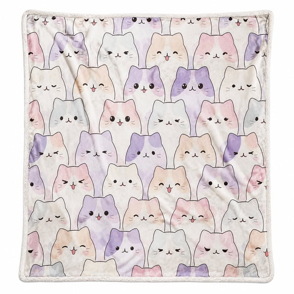 Pastel Cat Sherpa Blanket, Soft Polyester Fleece Throw, 2-Layer Printed Sherpa Blanket for Couch Bed Sofa, Multiple Sizes