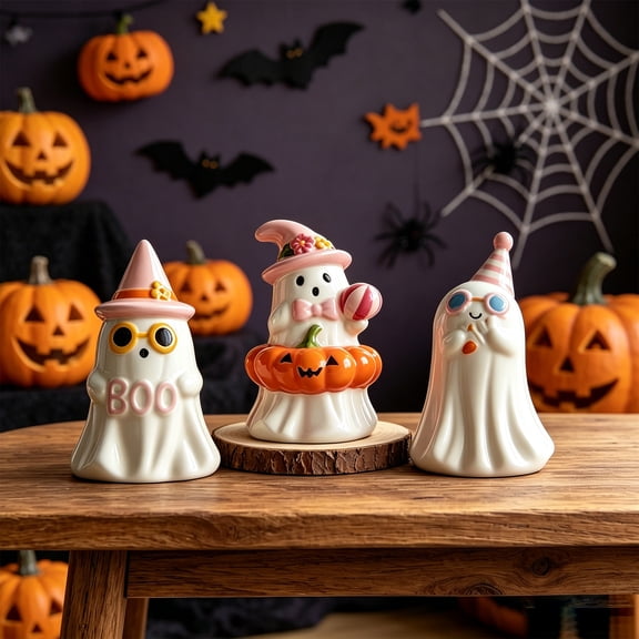 Pastel Ceramic Ghost Figurines Halloween Decor Pumpkin Witch Ghost Statue Tabletop Centerpiece Mantel Shelf Party Decoration Festive Home Display Seasonal Accent