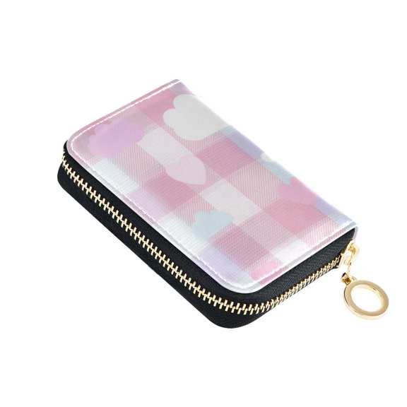 Pastel Checkerboard Clouds Hearts Valentine Women's Credit Card Holder PU Leather Zipper Wallet RFID Blocking