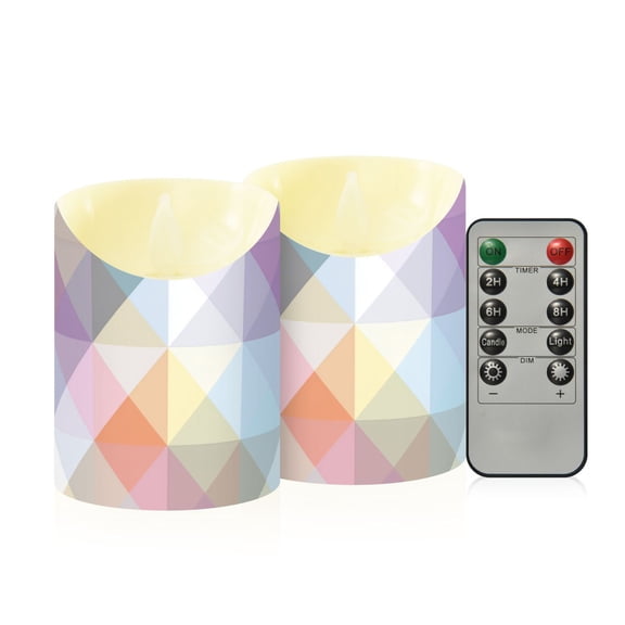 Pastel Checkered Pattern Flickering Flameless Candles with Remote Timer Battery Operated LED Tealight Set of 2 S