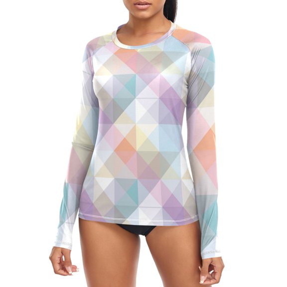 Pastel Checkered Pattern Women's Rash Guard Shirts UPF 50+ Sun Protection Clothing Long Sleeve Swim Suits S