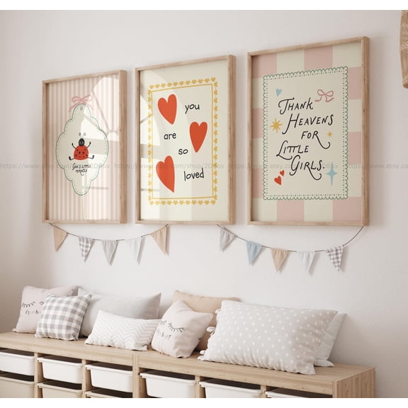 Pastel Christian Whimsy Baby Nursery Wall Art So Loved God’s Miracle Set 3 Unframed Paper Print 8x12