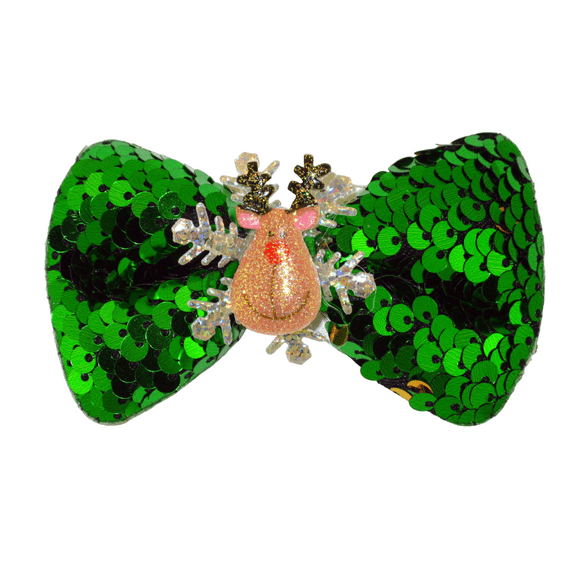 Pastel Christmas Green Sequin & Reindeer Hair Bow - 1 Pc.