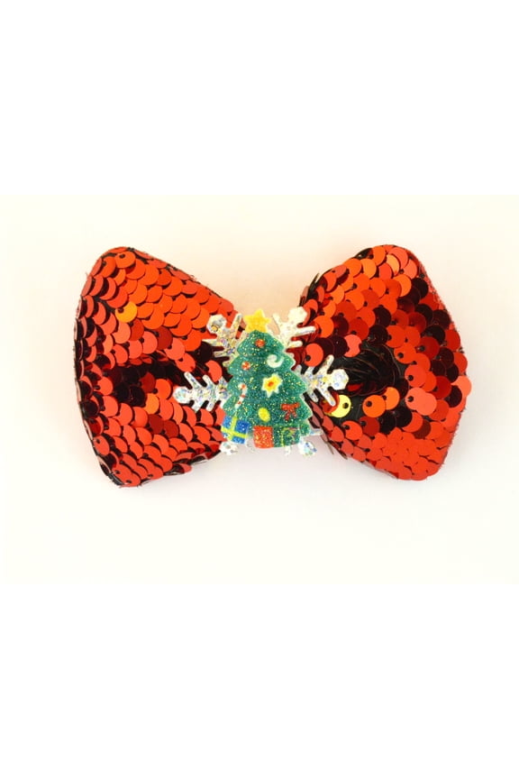 Christmas Red Sequin & Christmas Tree Hair Bow - 1 Pc.