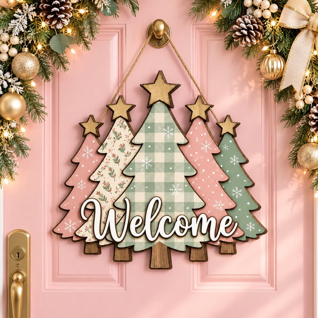 Pastel Christmas Trees Wooden Door Sign for Holiday Entryway Welcome ...