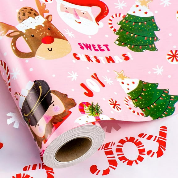 Pastel Christmas Wrapping Paper Roll - 17 Inch X 33 Feet - Reversible Gingerbread Man Hot Cocoa Mug Candy Cane Pink Gift Wrap Paper for Kid Baby's First Christmas Holiday Decoration
