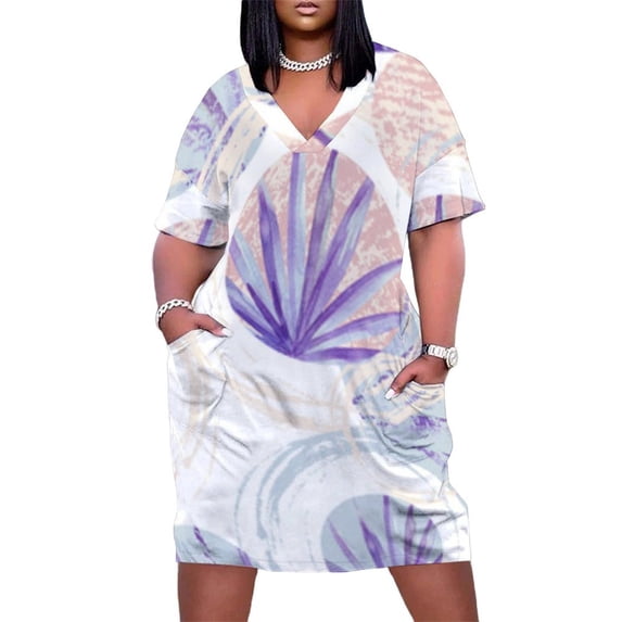 Pastel Circles Purple Leaves Pattern Summer Sundress for Curve Women Casual Pattern Plus Size V Neck Short Sleeve Loose Fit Oversize Dresses