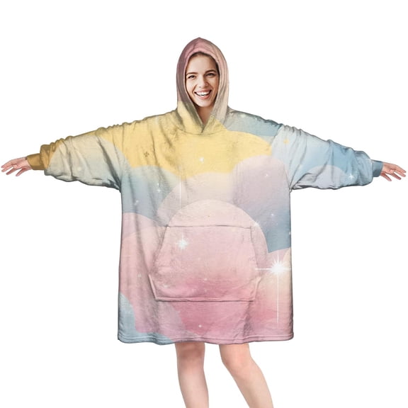 Pastel Cloud Starry Sky Wearable Oversized Blanket,Wearable Blanket Hoodie for Adults,Cozy Hooded Blankets with Super Pockets,Super Warm Fuzzy Pullover for Women & Men