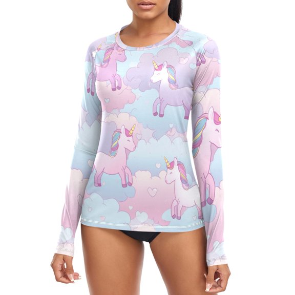 Pastel Clouds with Unicorns Hearts Women's Rash Guard Shirts UPF 50+ Sun Protection Clothing Long Sleeve Swim Suits S