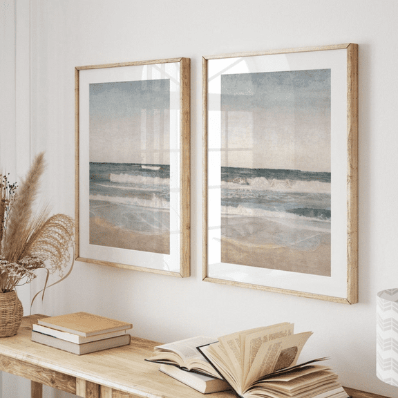 Pastel Coastal Beach Landscape Poster Set 2 Prints Set 2 , Poster Only