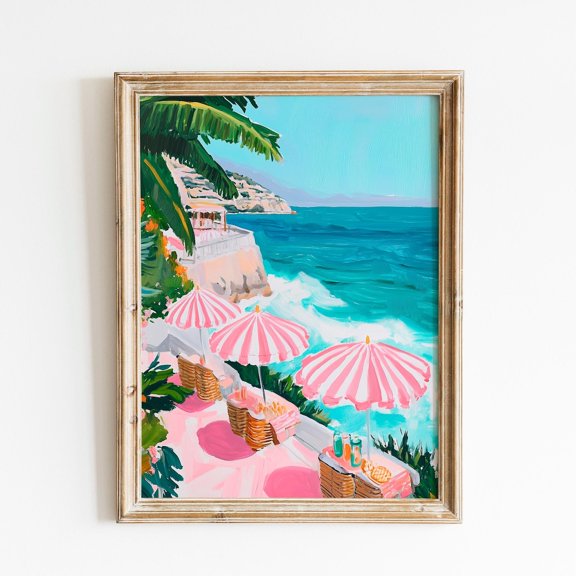 Pastel Coastal Beach Wall Art, Pink Umbrella Seaside, Oil Paint Ocean View Art, Beach Blue Print, Summer Coastal Home Decor