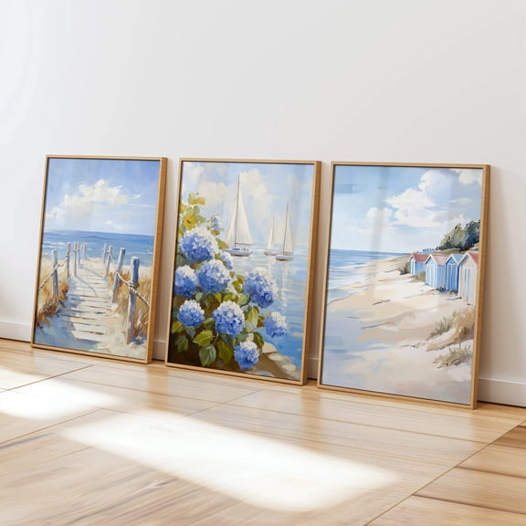 Pastel Coastal Wall Art Summer Beach Print Blue Hydrangeas Ocean Beach Path Set 3 Stretched Canvas 16x24