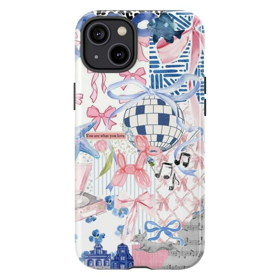 Pastel Collage Phone Case, Pink & Blue Artistic iPhone Cover with Disco Ball, Ribbons, Unique Protective Case for iPhone 17 16 15 14 13 12 11 Plus Pro Max Mini