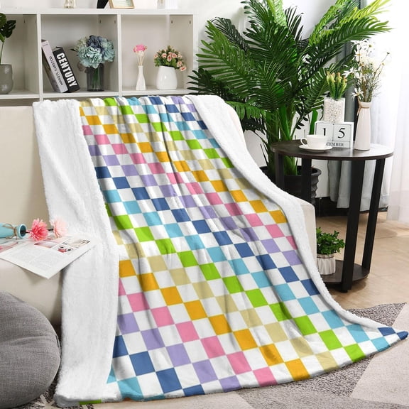 Pastel Color Checkered Pattern Blanket,Comfortable Soft Flannel Throw Blanket,All Season,Warm Lightweight Blankets for Sofa Bed Couch Living Room Chair,60"x80"