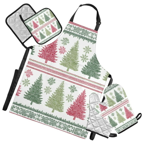 Pastel Color Christmas Trees Apron Set with Oven Mitts Pot Holders Set of 5 Kitchen Stuff Accessories