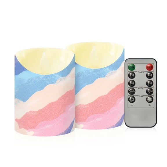 Pastel Color Diagonal Stripes Clouds Flickering Flameless Candles with Remote Timer Battery Operated LED Tealight Set of 2 M