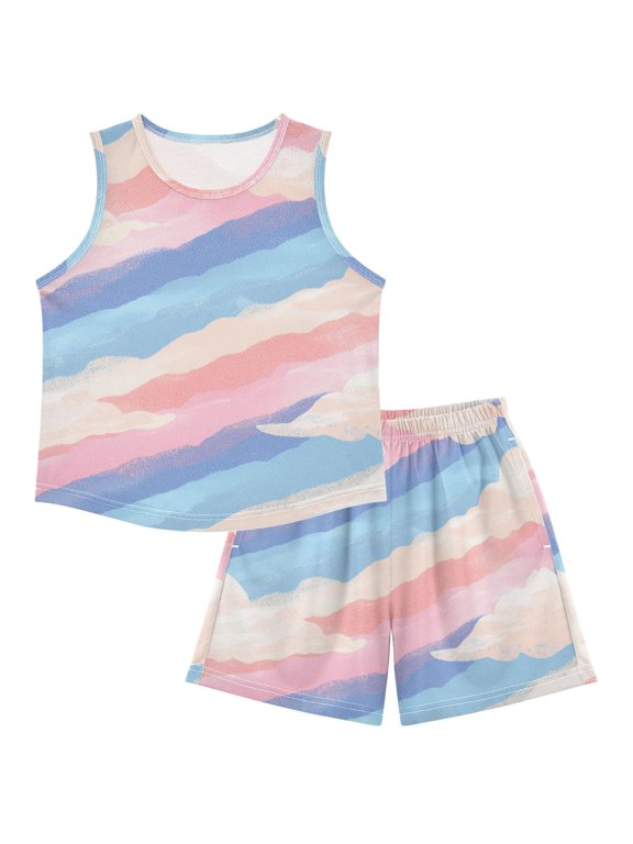 Pastel Color Diagonal Stripes Clouds Pajamas Set Sleeveless Sleepwear Tank Tops with Shorts Loose Fit Lounge Wear Unisex 9-10Y