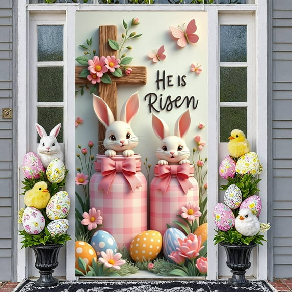 Pastel Color Easter Banner Floral Wreath Design Rabbit Backdrop Rabbit Pattern Spring Themed Easter Background for Easter Party Spring Celebration Indoor Decoration