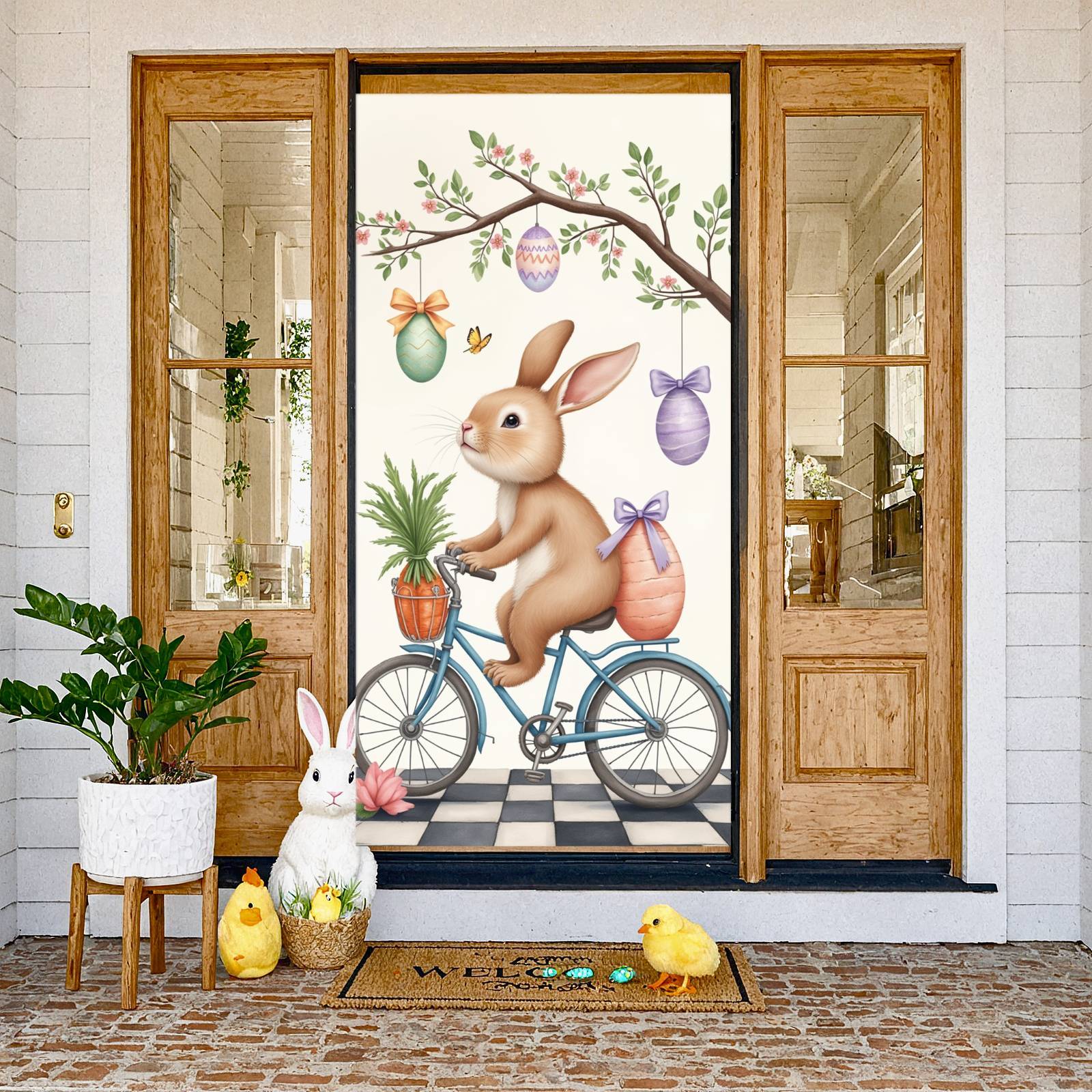 Pastel Color Easter Banner Floral Wreath Design Rabbit Backdrop Rabbit ...