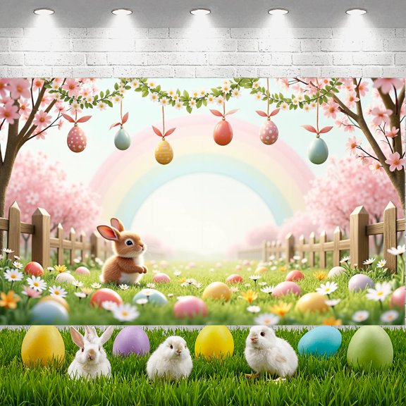 Pastel Color Easter Banner Rabbit Design Spring Backdrop Easter Egg Pattern Rainbow Cherry Blossom Backdrop for Easter Party Spring Celebration Kids Event