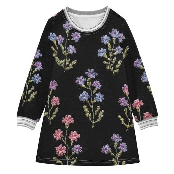 Pastel Color Flowers on Black Background Long-sleeved Dress A-line One-Piece Dress for 2-8 Years Casual Party 7-8Y