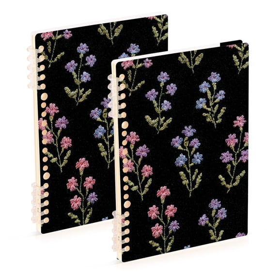 Pastel Color Flowers on Black Background Notebook Detachable Coil Notebook Diary Plan Book A5 Size 60 Pages 1 Pack