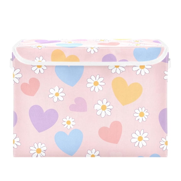 Pastel Color Heart Pattern with Daisies Valentine Foldable Storage Bins with Lids Handles Collapsible Storage Containers Tote Boxes 16.5 x 12.6 x 11.8 inches