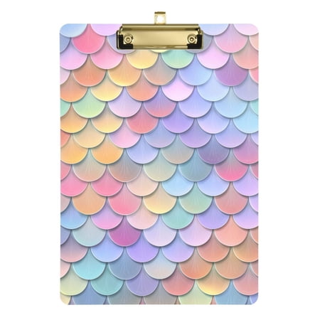Pastel Color Mermaid Scales Acrylic Clipboard Drawing Board with Hook Writing Pad File Storage A4 Size Gold 12.5" x 9"