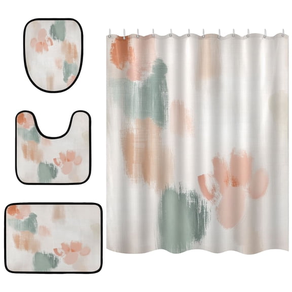 Pastel Color Pattern Bathroom Accessory Curtain Sets Bath Curtain Anti-Slip Mats and Toilet Pad 66x72in