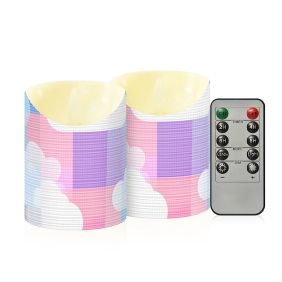Pastel Color Plaids Background Clouds Flickering Flameless Candles with Remote Timer Battery Operated LED Tealight Set of 2 S