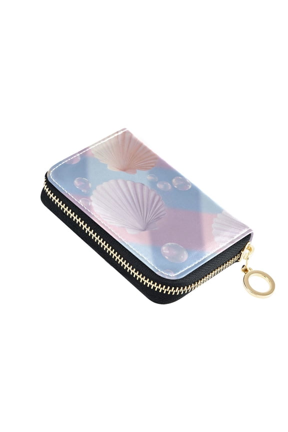 Pastel Color Plaids Bubbles Shells Women's Credit Card Holder PU Leather Zipper Wallet RFID Blocking