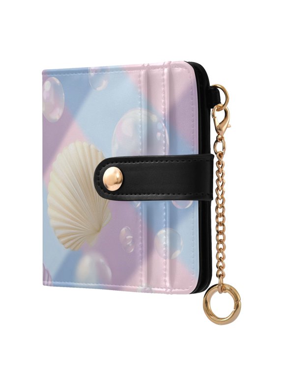 Pastel Color Plaids Bubbles Shells Women's Wallet PU Leather Card Cases RFID Blocking Purse Billfold with Key Ring