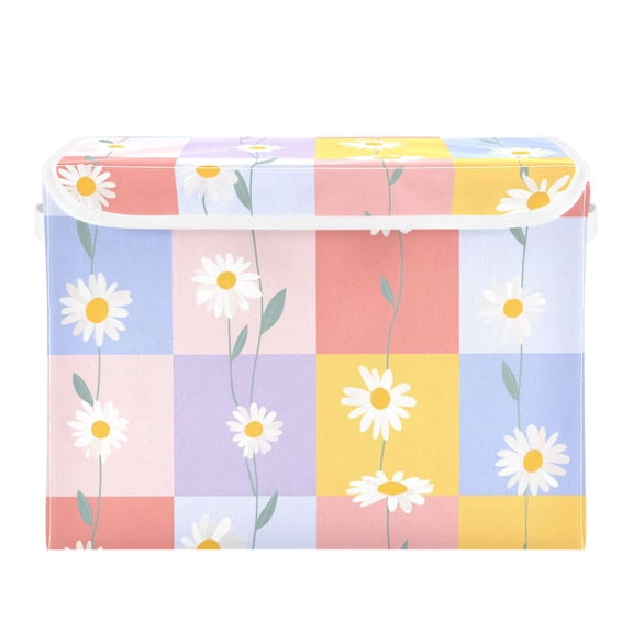 Pastel Color Plaids with Strings Of Daisies Foldable Storage Bins with Lids Handles Collapsible Storage Containers Tote Boxes 16.5 x 12.6 x 11.8 inches