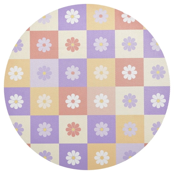 Pastel Color Plaids with Colorful Daisies PVC Round Grid Placemat Table Mat 1 Pc 15.4" x 15.4"