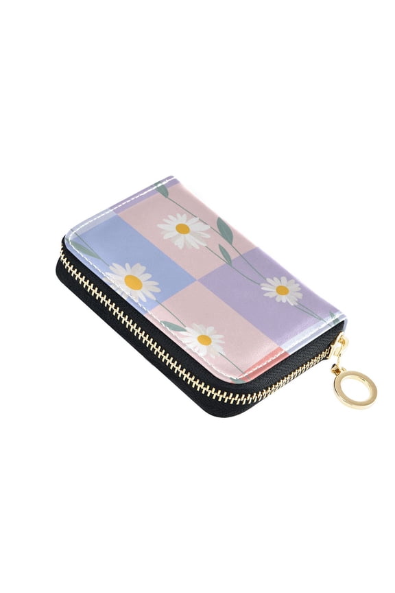 Pastel Color Plaids with Strings Of Daisies Women's Credit Card Holder PU Leather Zipper Wallet RFID Blocking