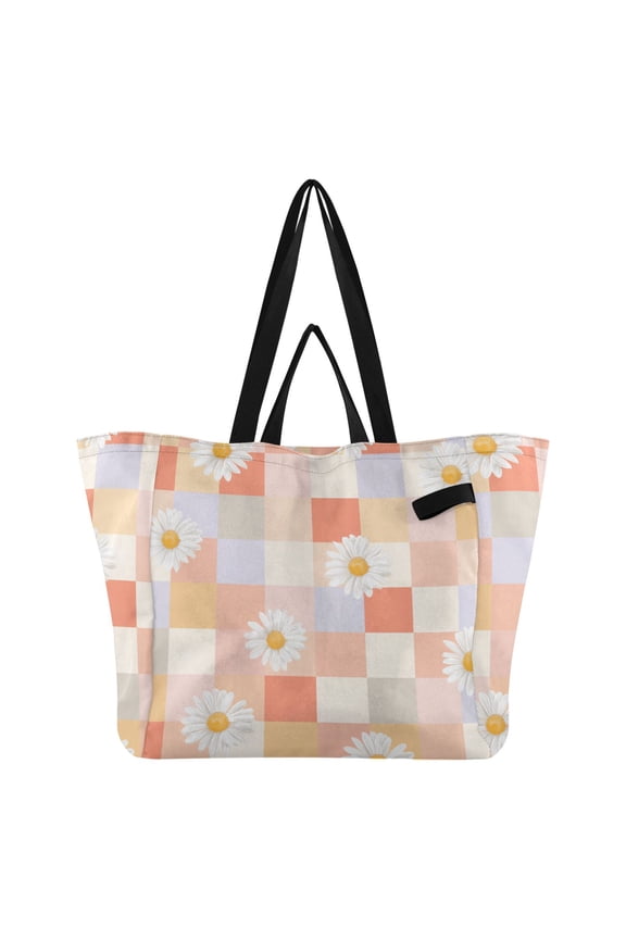 Pastel Color Plaids with White Daisies Foldable Canvas Tote Bags Reusable Grocery Bags Laundry Bags Beach Bag 32L