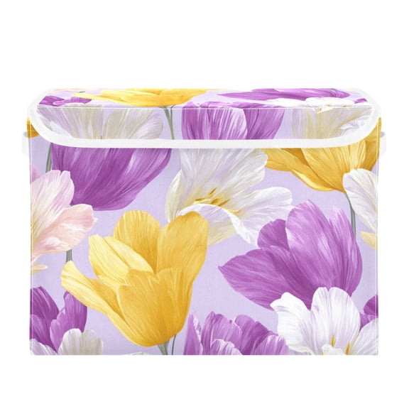 Pastel Color Tulips Full Bloom Foldable Storage Bins with Lids Handles Collapsible Storage Containers Tote Boxes 16.5 x 12.6 x 11.8 inches