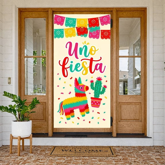 Pastel Color Uno Fiesta Banner Cactus Pattern Party Backdrop Horse-shaped Pinata Design Colorful Confetti Display for 1st Birthday Party Mexican Fiesta Kids Indoor Celebration
