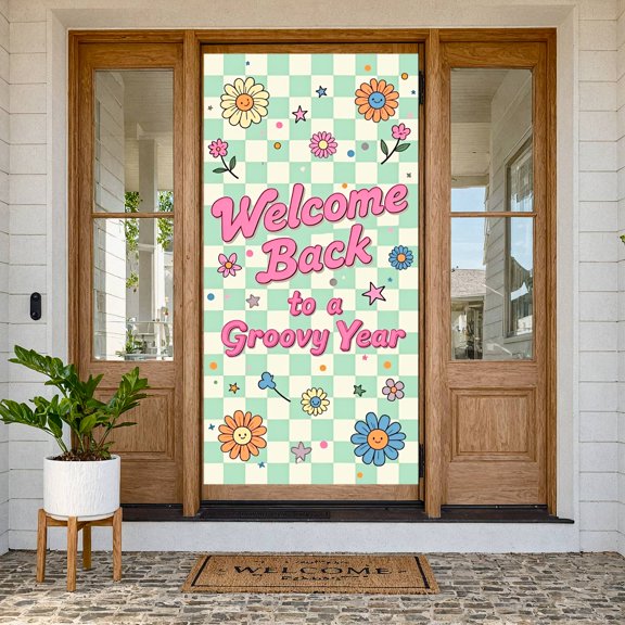 Pastel Color Welcome Back Banner Green Gingham School Welcome Backdrop Cartoon Flower Groovy Year Display for Back to School Classroom Decoration First Day of School