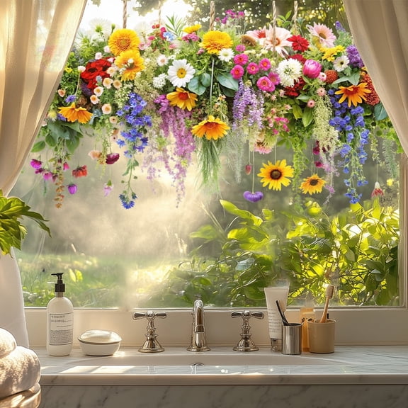 Pastel Color Wildflower Floral Bouquet Window Film, Spring Reusable Static Window Clings for Glass Door & Window Decor