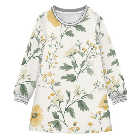 Pastel Color Yellow Florals Leaves Long-sleeved Dress A-line One-Piece Dress for 2-8 Years Casual Party 5-6Y