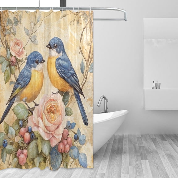 Pastel Colored Birds Couple on Flowers Shower Curtains with 12 Hooks Waterproof Bathroom Decor 66" x 72"