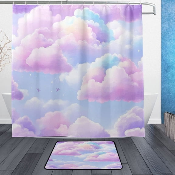 Pastel Colored Clouds Bathroom Accessory Sets Waterproof Shower Curtain with Anti-Slip Bath Mat Durable Combo
