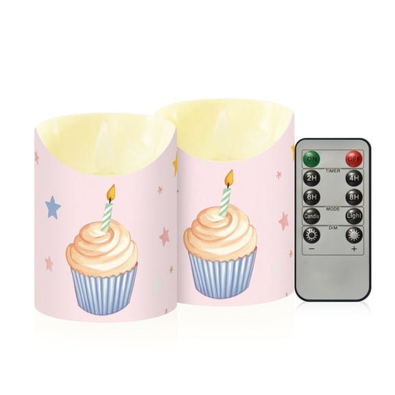Pastel Colored Cupcakes Birthday Flickering Flameless Candles with Remote Timer Battery Operated LED Tealight Set of 2 M