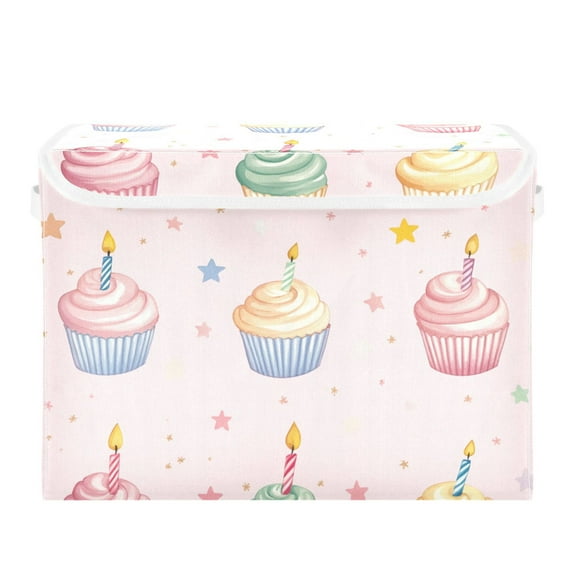 Pastel Colored Cupcakes Birthday Foldable Storage Bin with Lid and Handle Collapsible Storage Box 16.5 x 12.6 x 11.8 inches